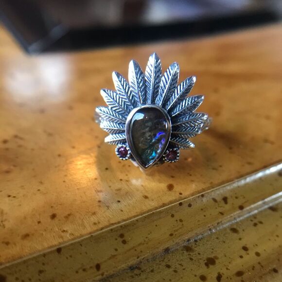 Natural Canadian Ammolite Sterling Silver Headdress Ring - Picture 3 of 10